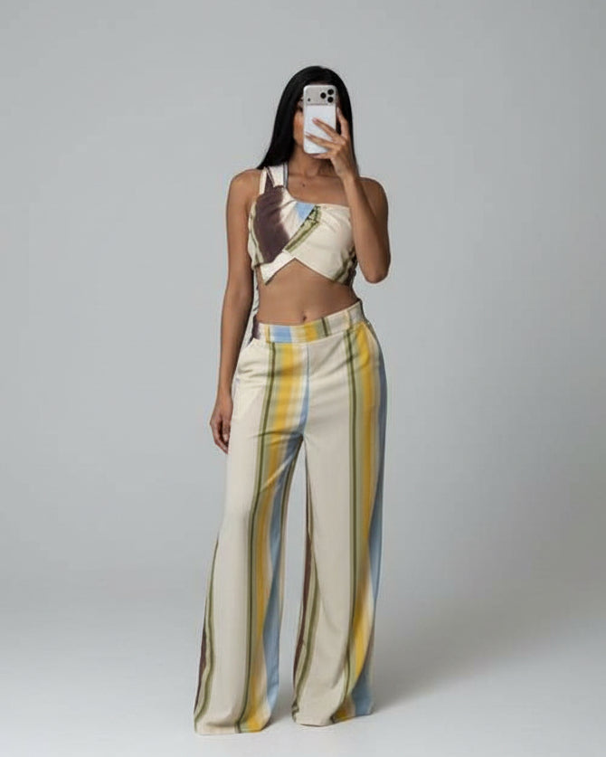 Painted Stripe One-Shoulder Wide-Leg Set
