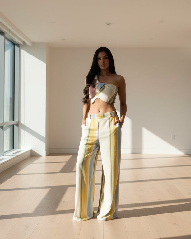 Painted Stripe One-Shoulder Wide-Leg Set