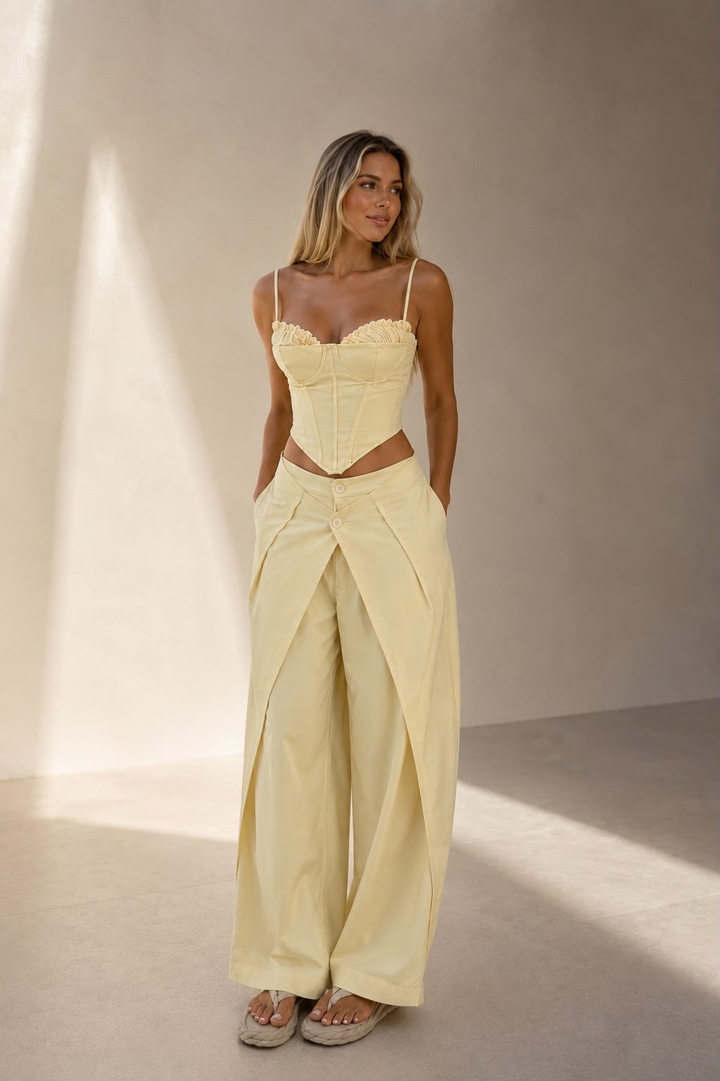 Buttercream Draped Corset and Wide-Leg Pant Set