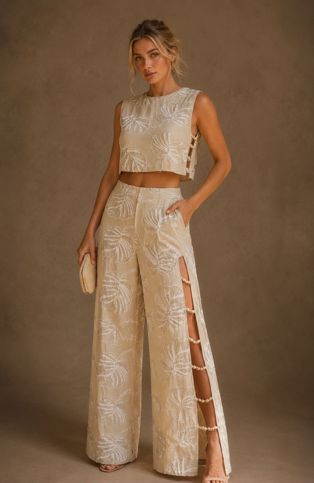 Embroidered Botanical Pearl-Slit Wide-Leg Two Pieces Set