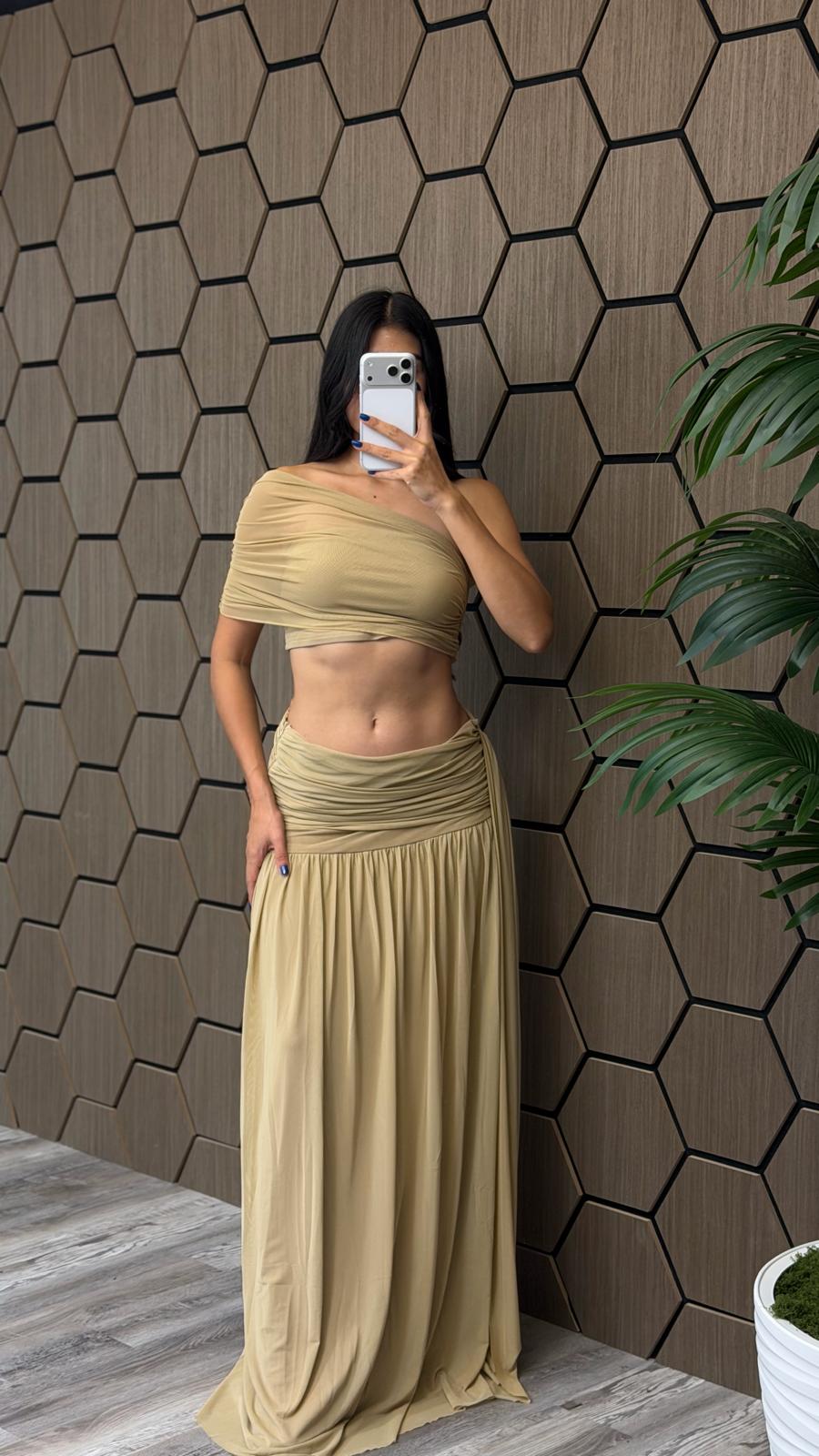 Ruched One-Shoulder Maxi Skirt Set