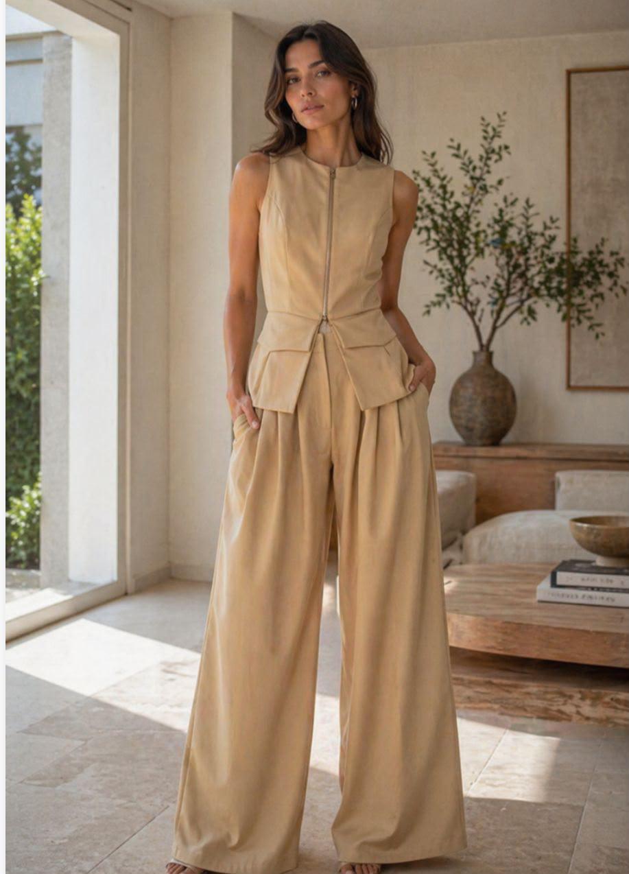 Zip-Front Peplum Vest and Wide-Leg Set