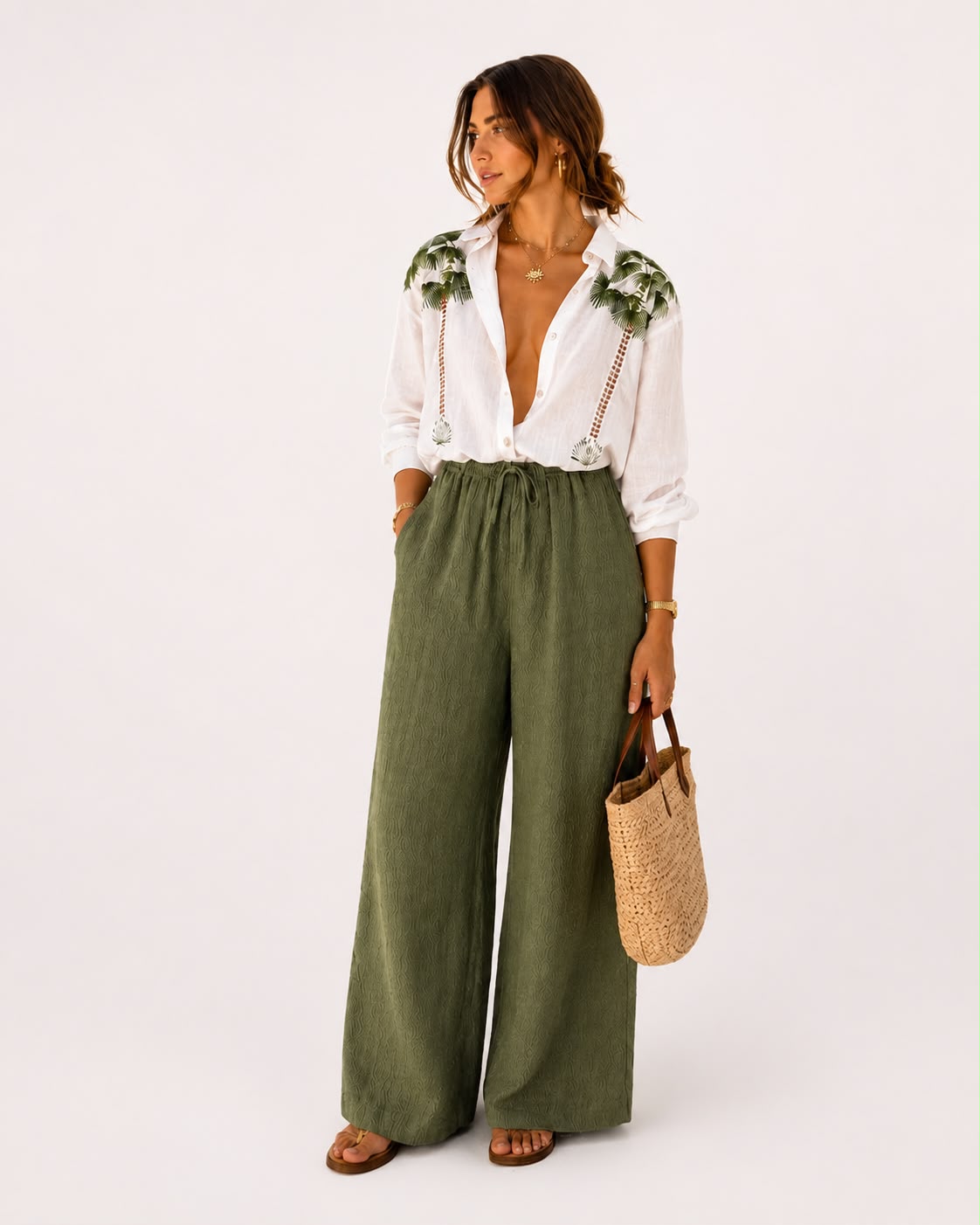 Embroidered Palm Shirt and Olive Wide-Leg Pant Set