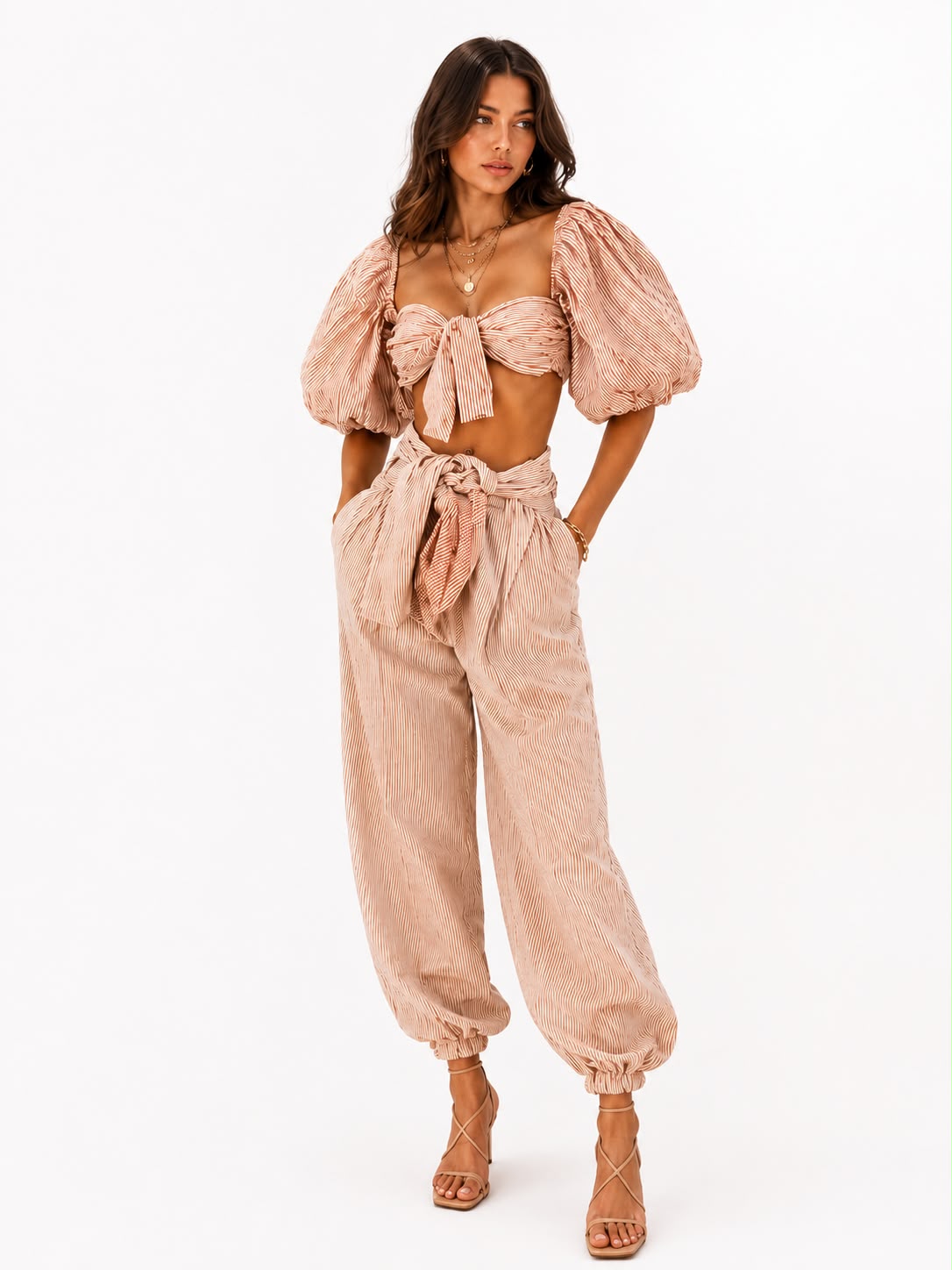 Striped Puff-Sleeve Top and Balloon Pant Set