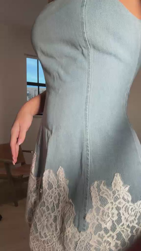Light Wash Denim Lace-Trim Strapless Mini Dress
